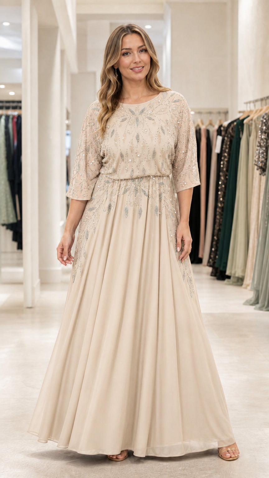 Front full view of champagne beige beaded chiffon evening maxi gown