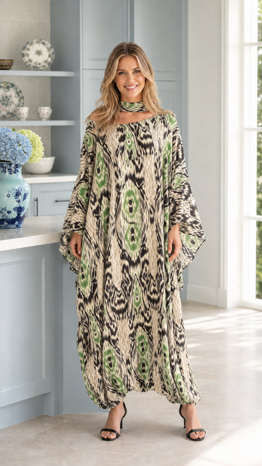 Front full view of woman wearing sage olive green Ikat print kaftan maxi dress