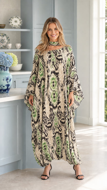 Front full view of woman wearing sage olive green Ikat print kaftan maxi dress