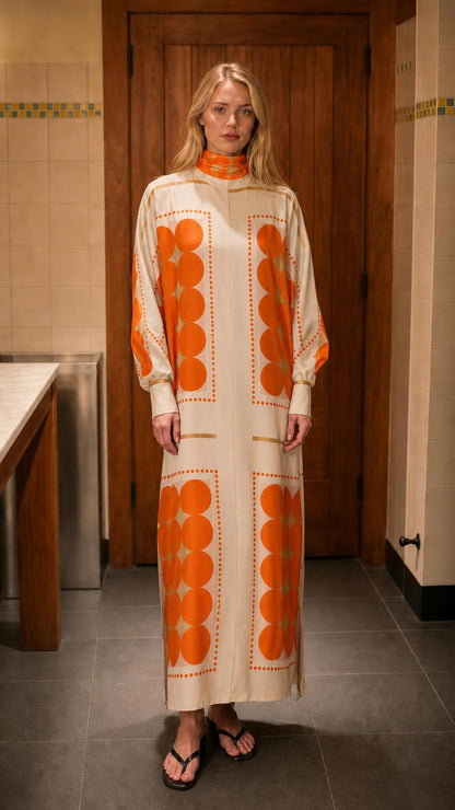 Front view of model wearing cream geometric print maxi dress