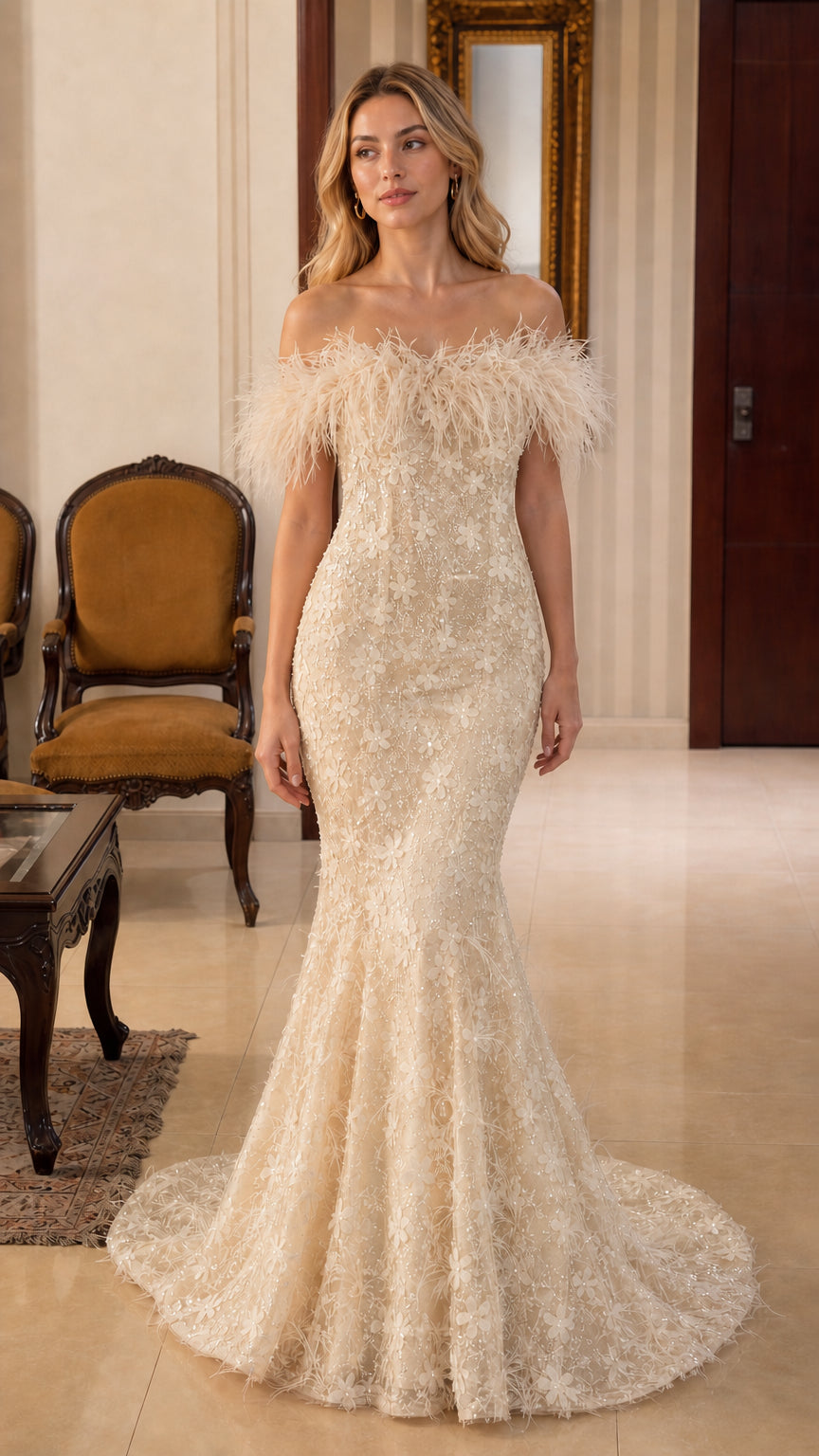 Champagne variant of off-shoulder feather trim mermaid gown