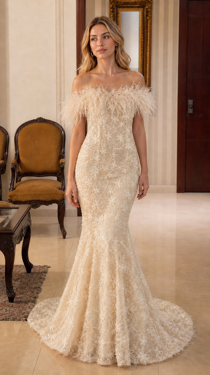Champagne variant of off-shoulder feather trim mermaid gown
