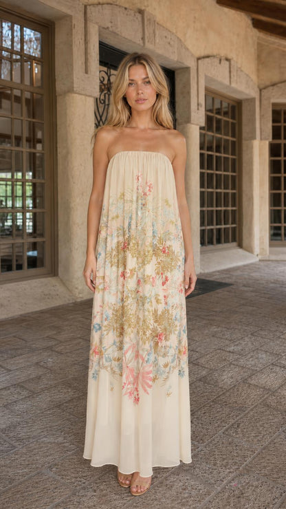 Front view of model wearing beige floral strapless maxi dress