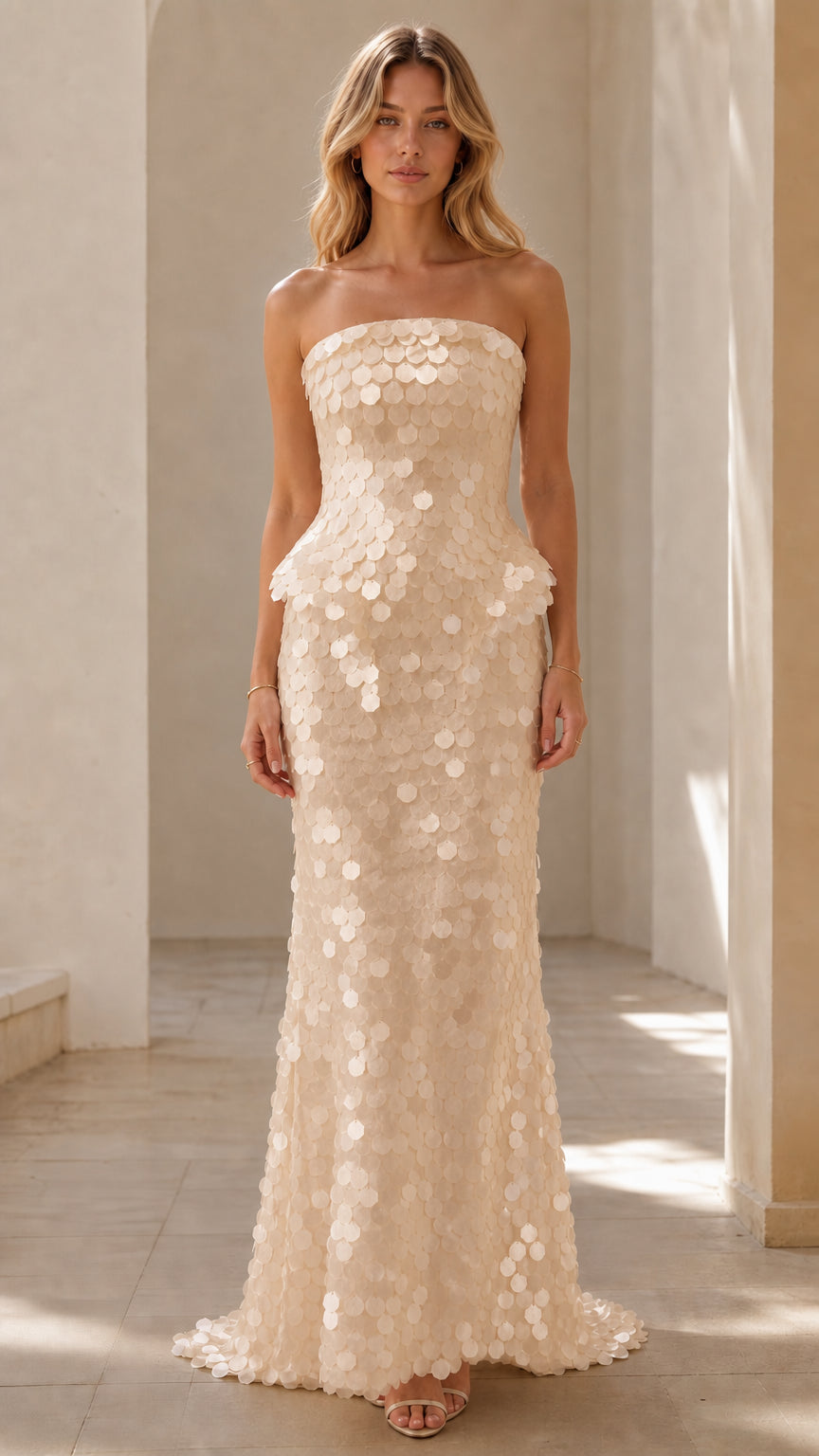 Front view of Champagne strapless sequin peplum maxi dress