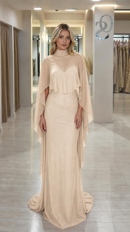 Front view of champagne chiffon cape evening maxi dress