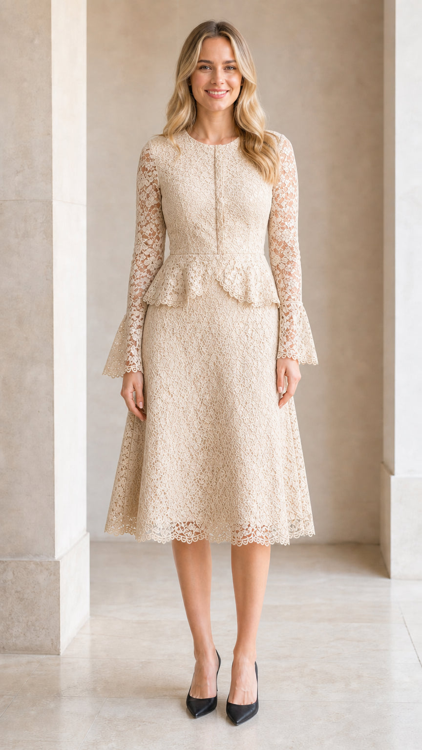 Front view of model wearing champagne beige floral lace peplum midi dress