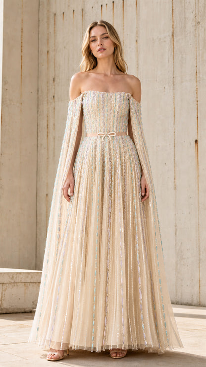 Front view of champagne color variant of the embellished tulle gown