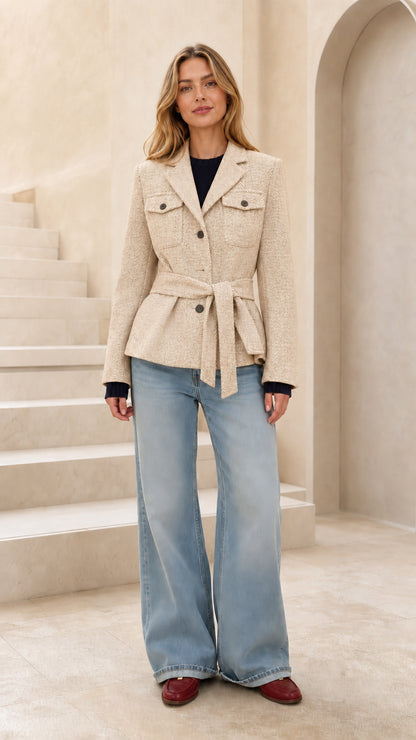 Front view of woman wearing cream beige herringbone belted blazer jacket
