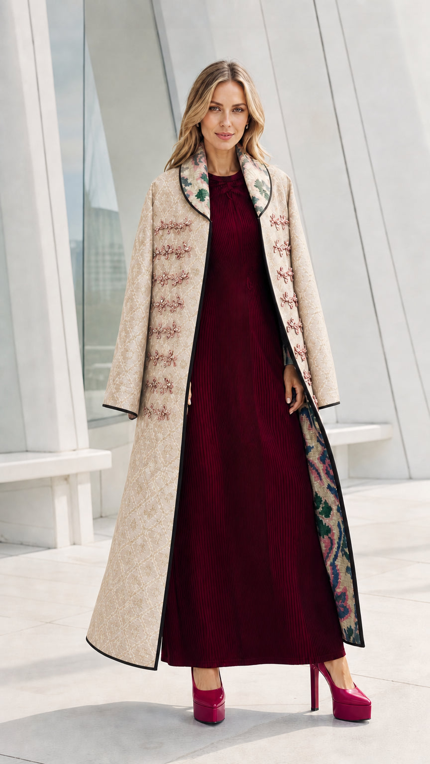 Model wearing the beige variant of the quilted long coat