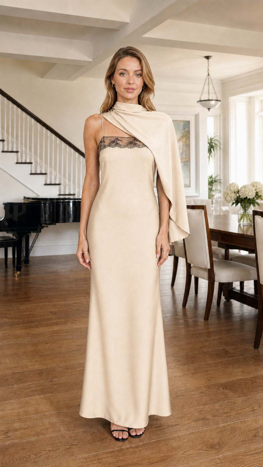 Front view of model wearing Champagne formal one-shoulder drape maxi dress