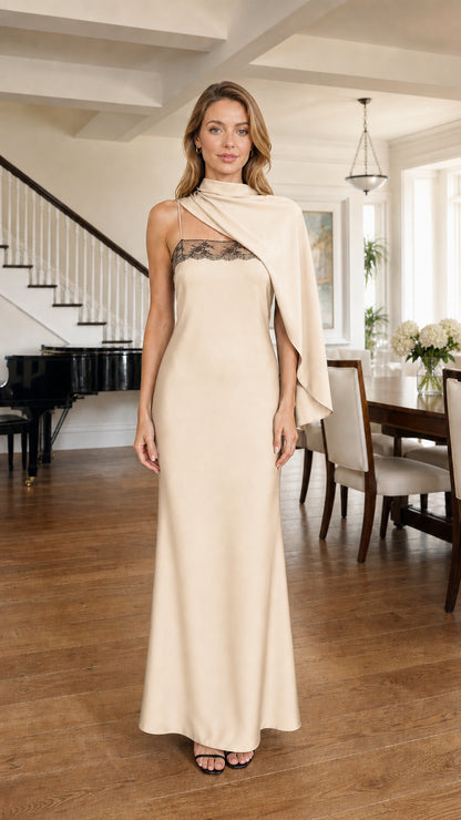 Front view of model wearing Champagne formal one-shoulder drape maxi dress