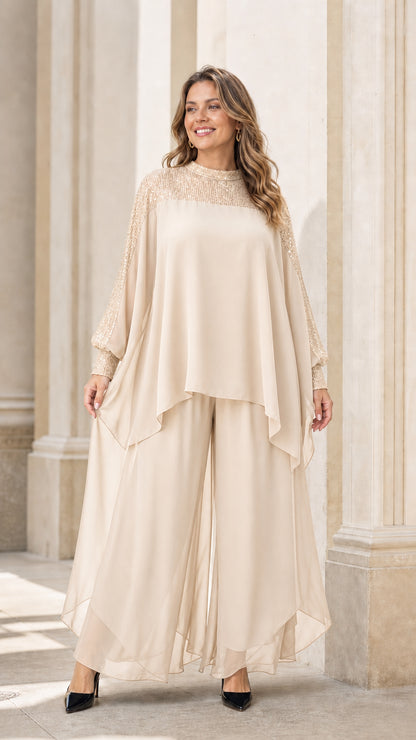Model wearing champagne two-piece chiffon set