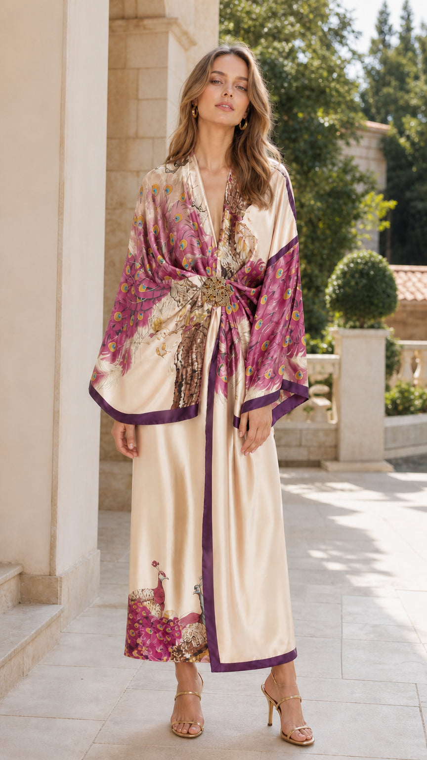 Model wearing the ivory and blush peacock print kimono and matching wide-leg pants set
