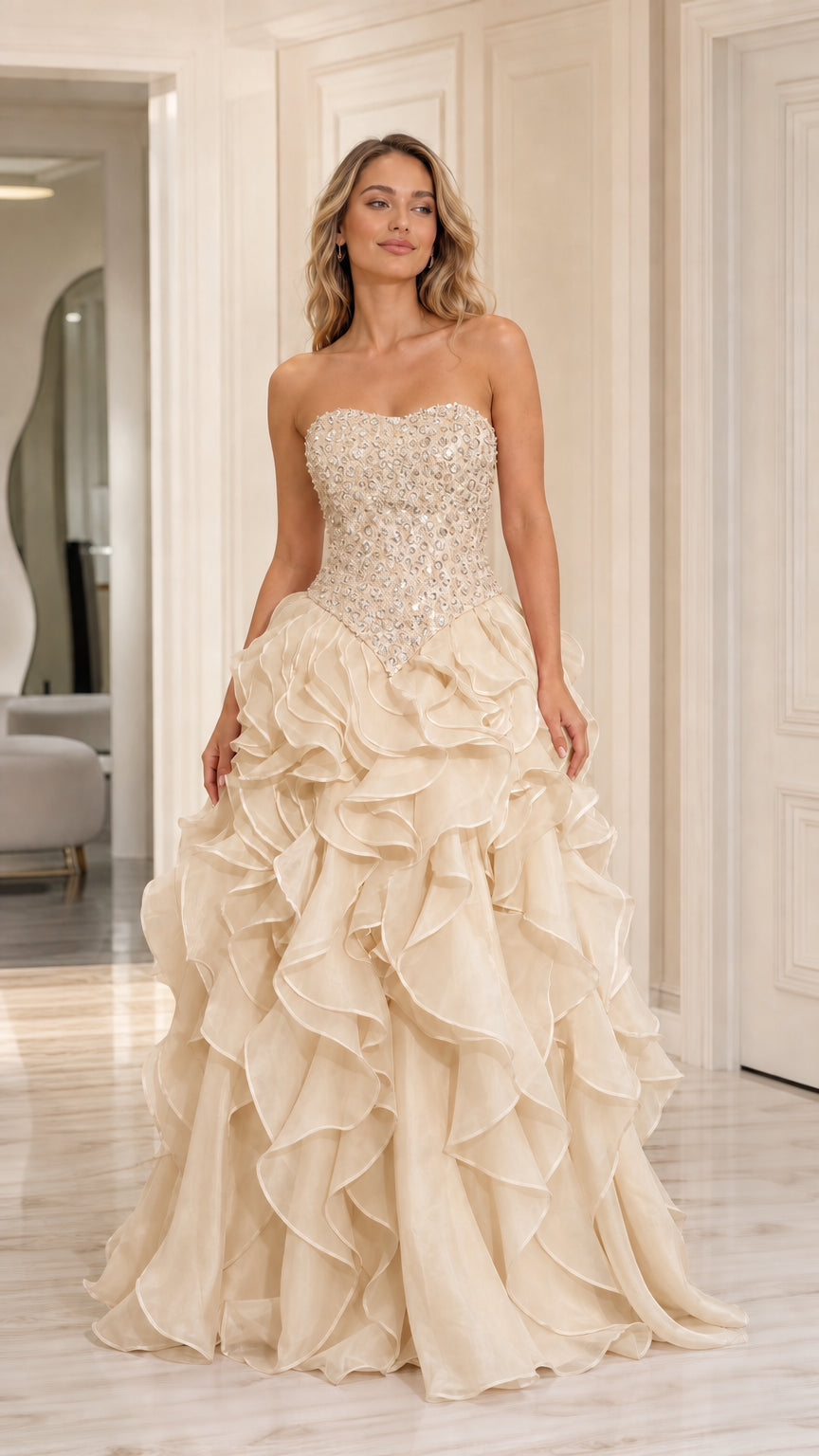 Model wearing champagne cream strapless beaded tiered ruffle ball gown