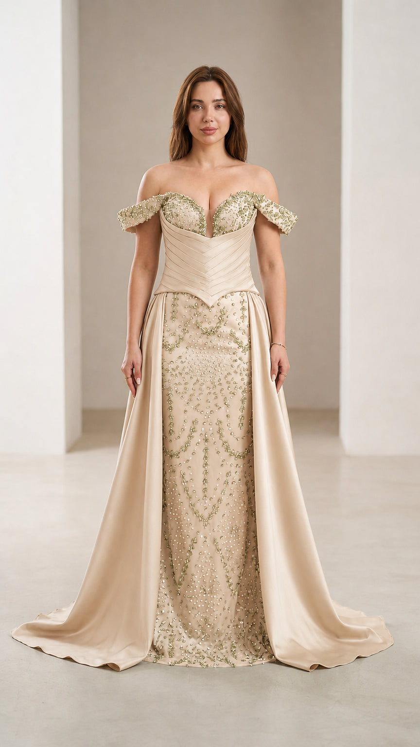 Front view of champagne beaded evening gown