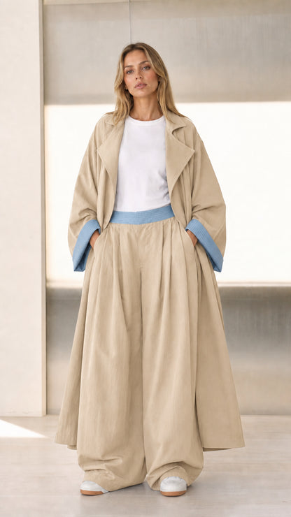 Front view of Beige sand duster jacket and wide-leg trouser two-piece set