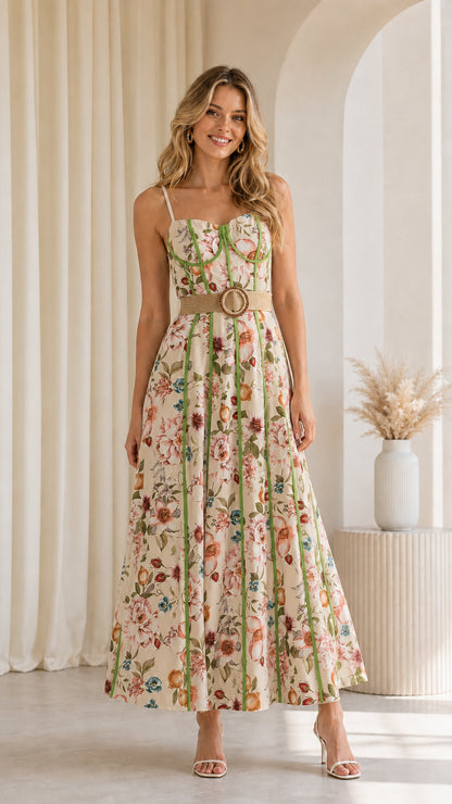 Model wearing beige floral corset maxi dress