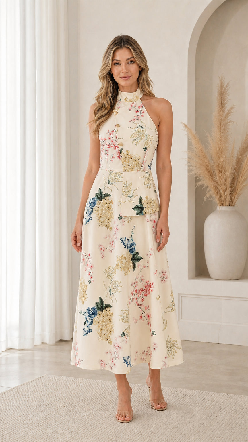Model wearing cream floral print halter neck midi dress