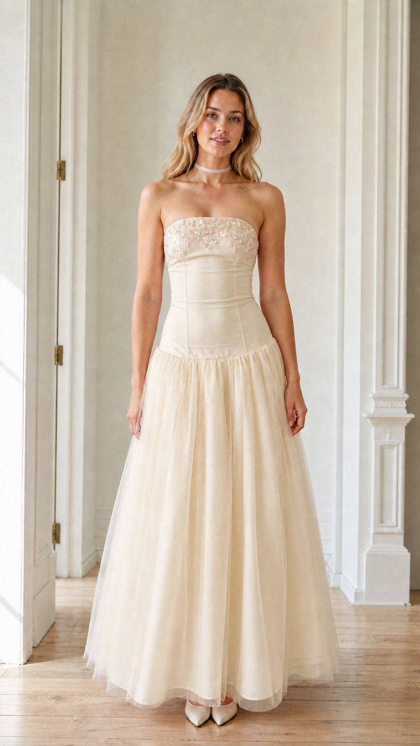 Front view of the champagne color variant of the tulle maxi dress