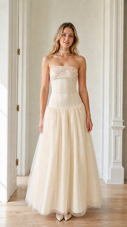 Front view of the champagne color variant of the tulle maxi dress