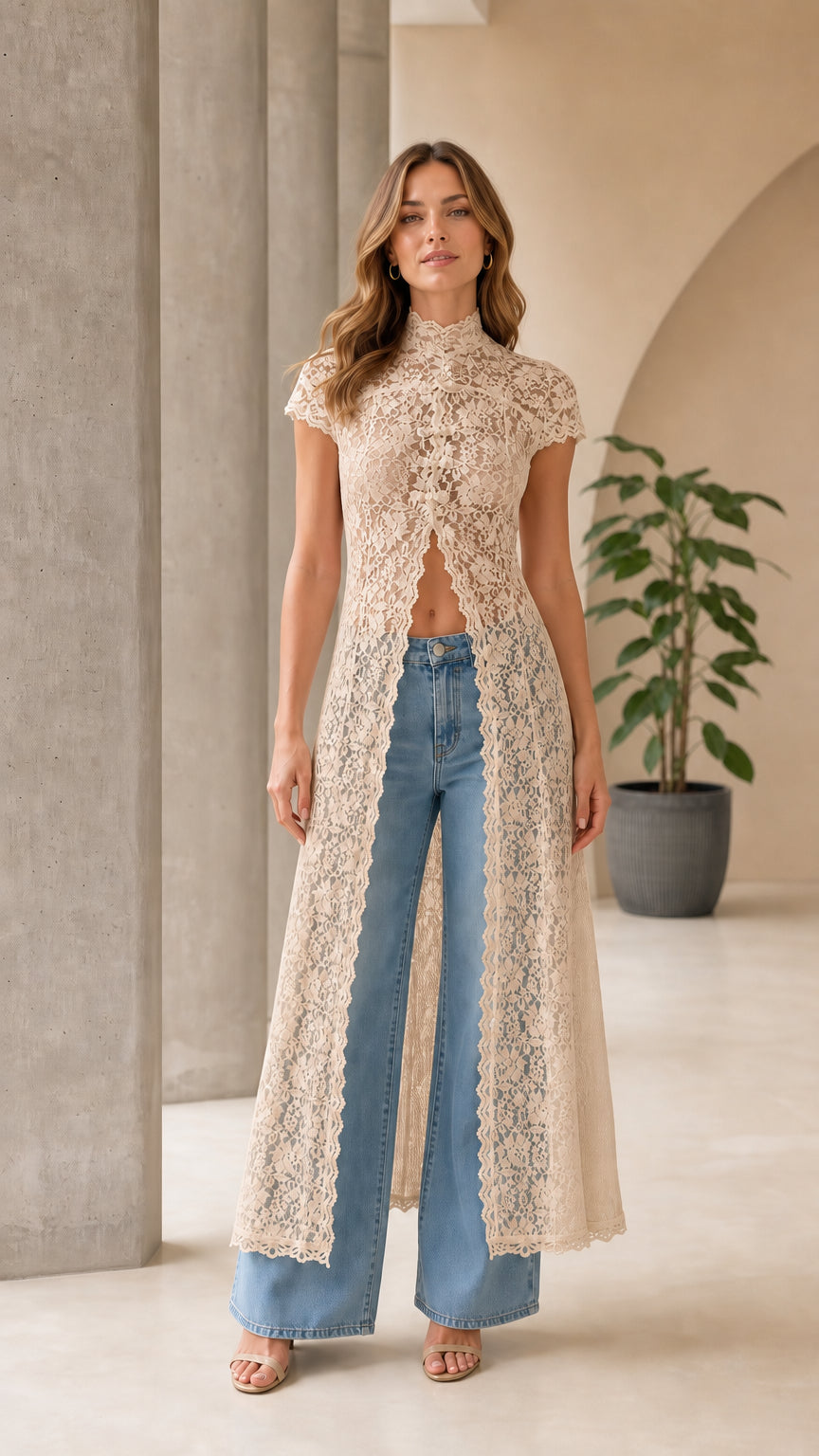 Front view of beige lace long duster cardigan
