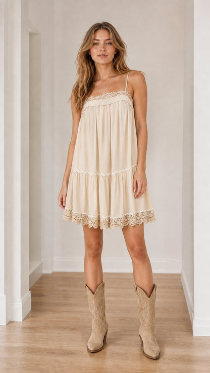 Model wearing beige lace accent camisole dress