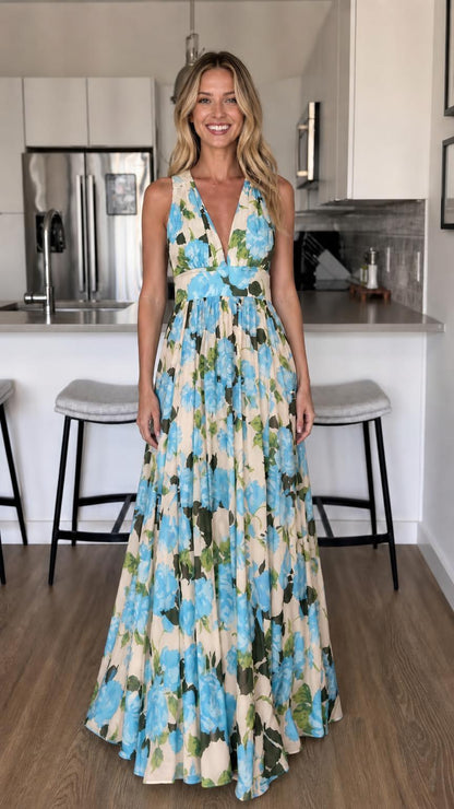Front view of Yellow/Blue floral maxi dress variant