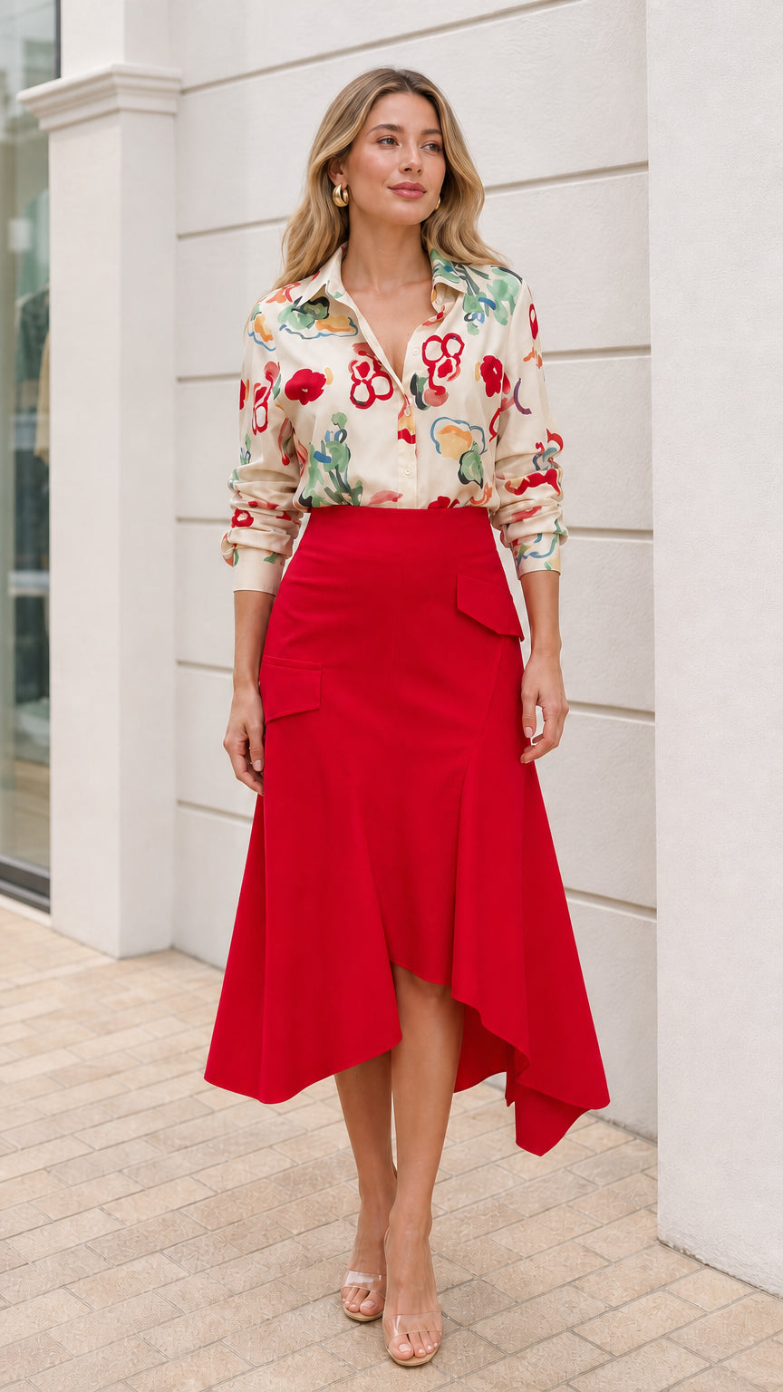 Model wearing cream floral button down shirt and red asymmetric midi skirt alternative view