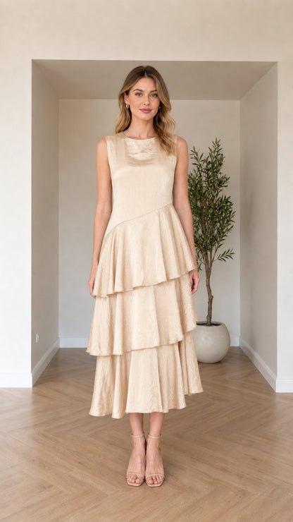 Model wearing champagne beige sleeveless tiered asymmetric midi dress