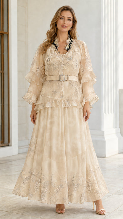 Champagne beige floral print belted chiffon maxi dress with tiered sleeves