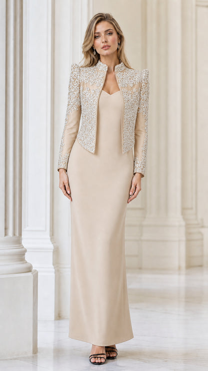 Front view of champagne beige formal gown with crystal embellished cropped jacket