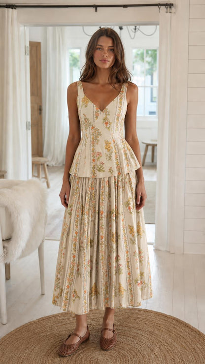 Model wearing cream floral print matching set