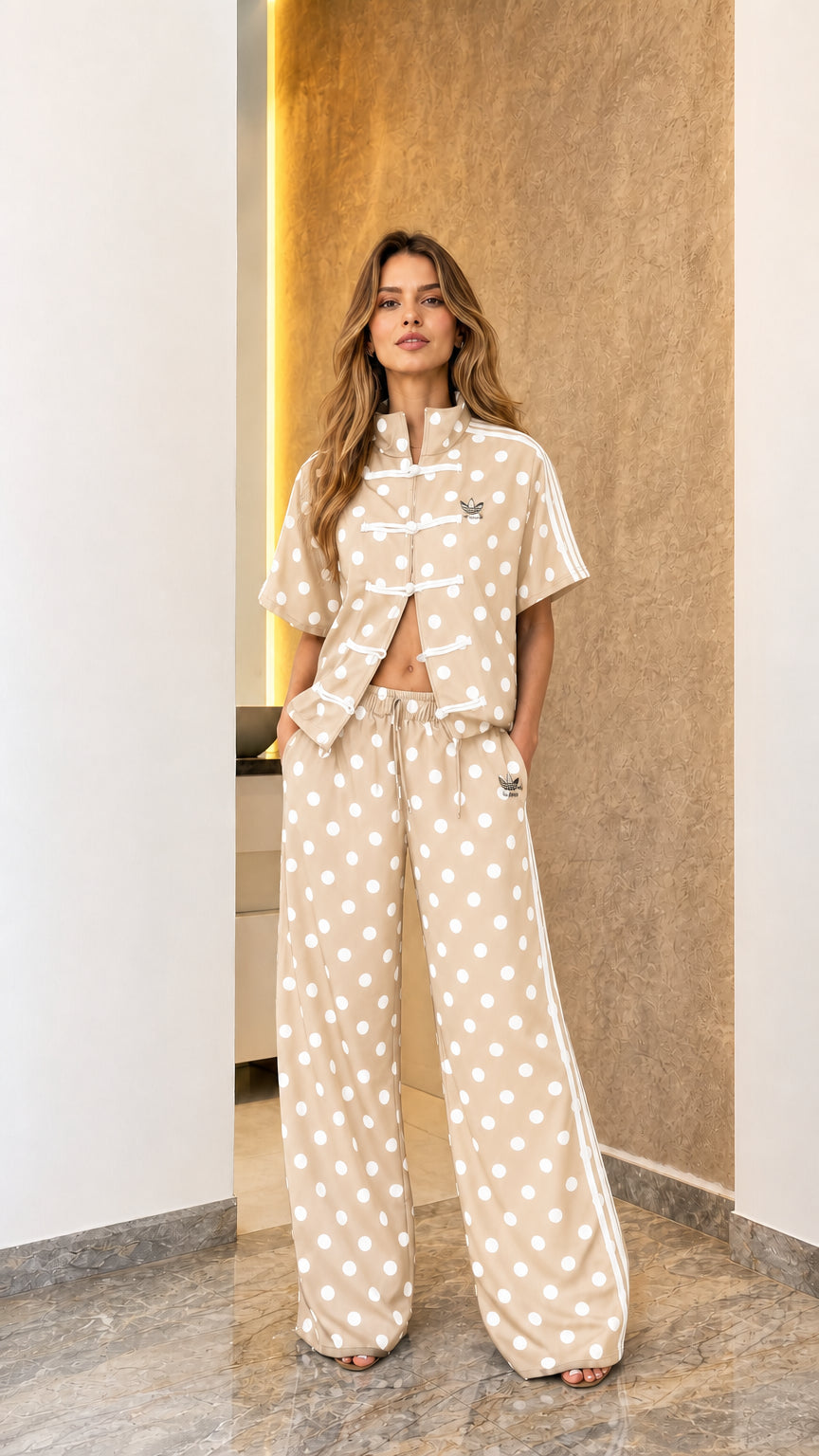 Model wearing beige polka dot track set