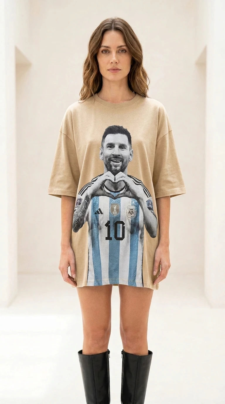 Front view of khaki color variant of graphic t-shirt dress