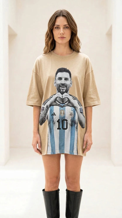 Front view of khaki color variant of graphic t-shirt dress