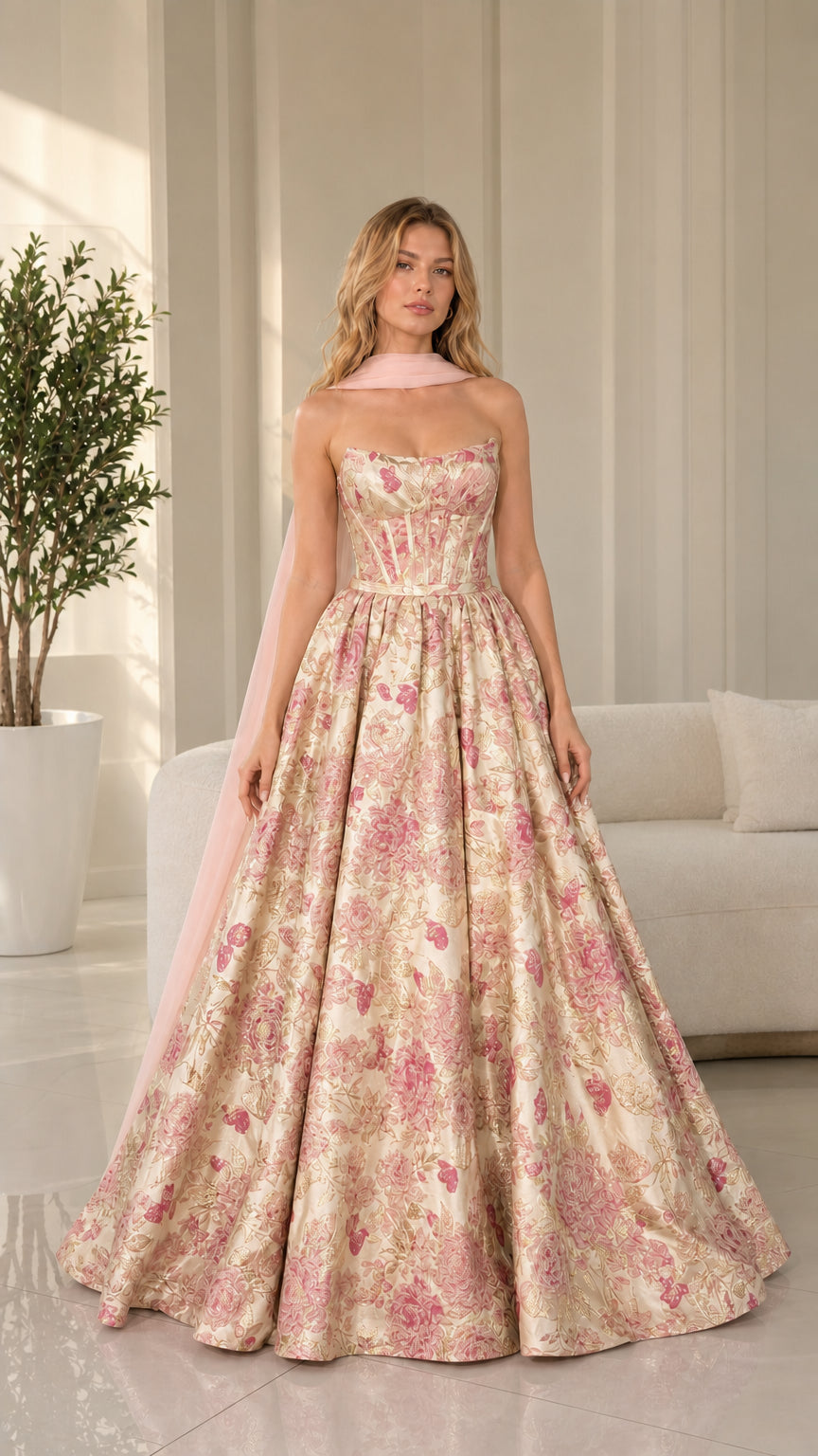 Model wearing champagne gold floral brocade ball gown