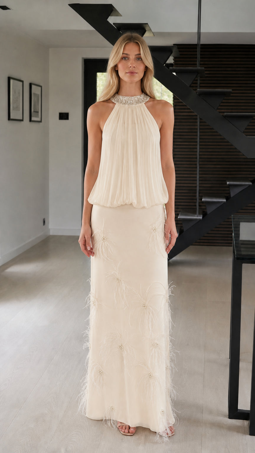 Front view of champagne formal gown