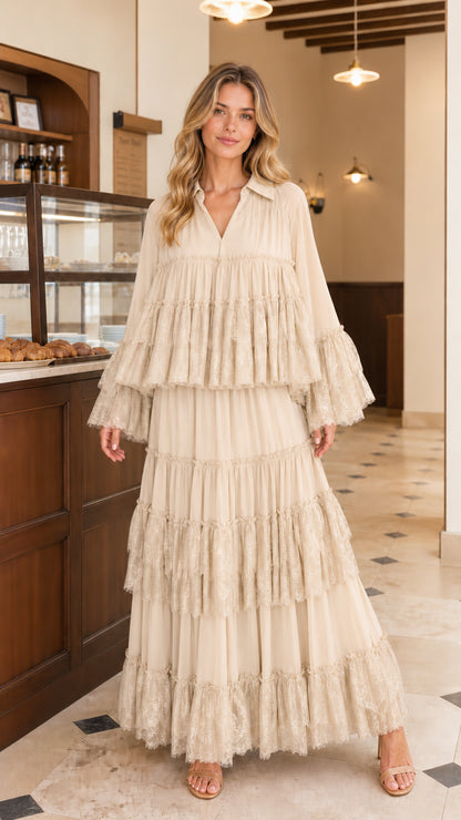 Front view of model wearing beige tiered lace maxi dress