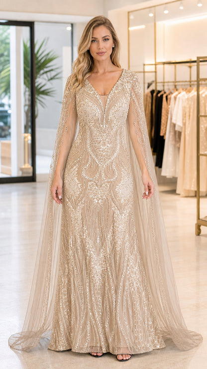 Front view of champagne gold sequined formal dress with cape sleeves