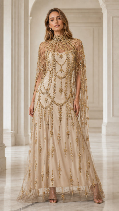Model wearing champagne colored beaded evening gown