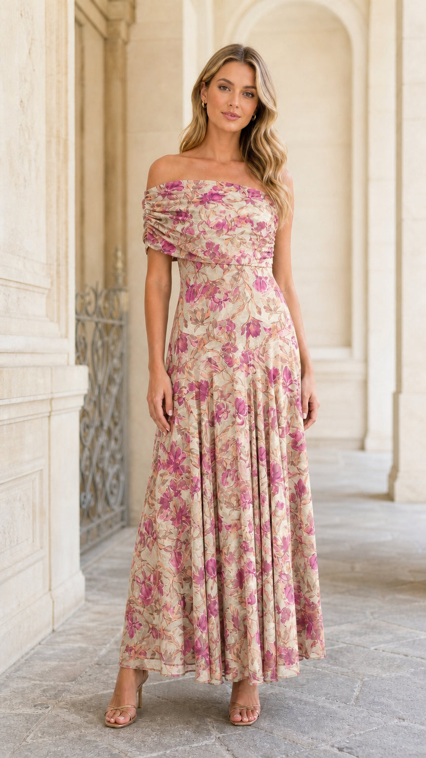 Model wearing beige floral variant of the maxi dress
