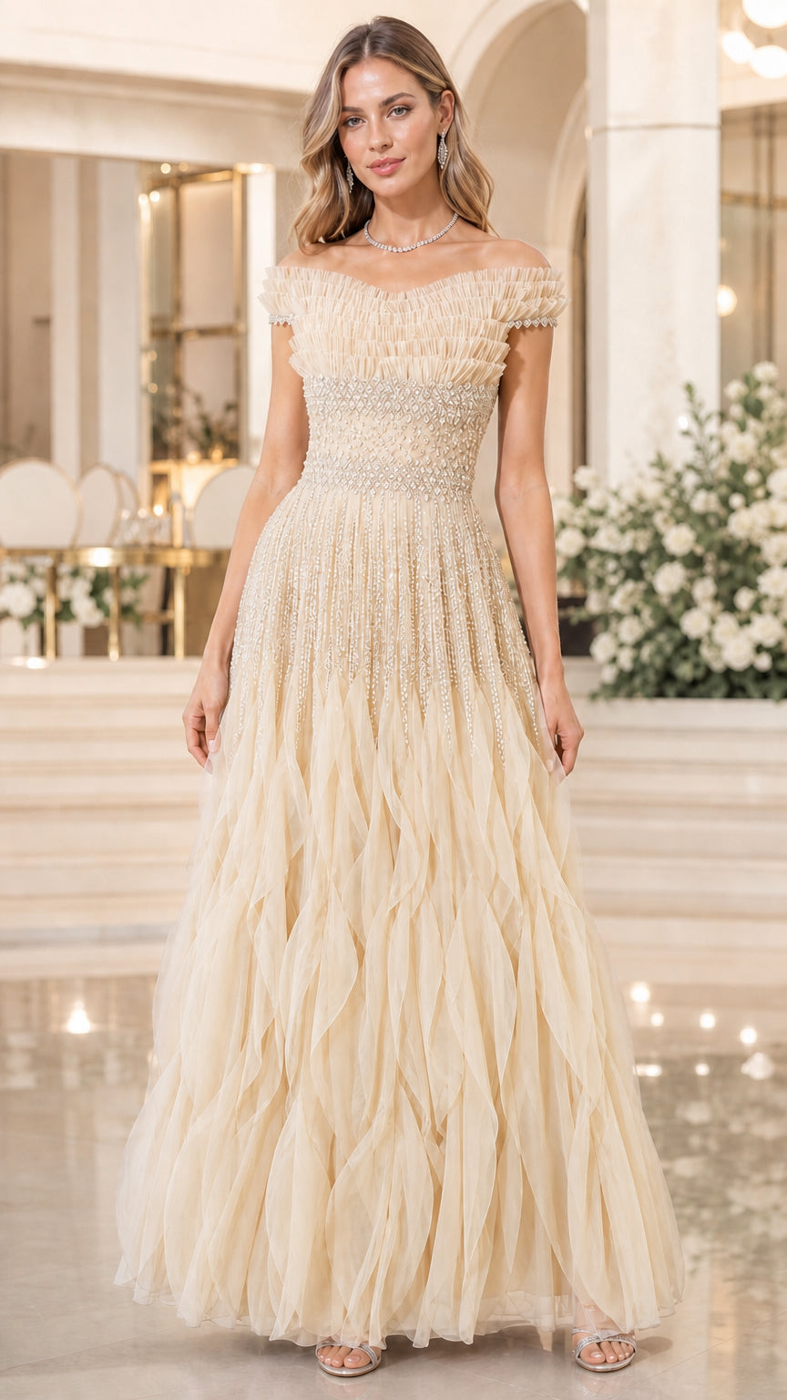 Full length view of champagne color variant evening gown