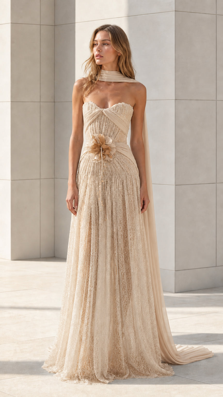 Front view of champagne strapless lace evening gown with draped scarf