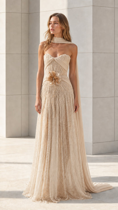 Front view of champagne strapless lace evening gown with draped scarf