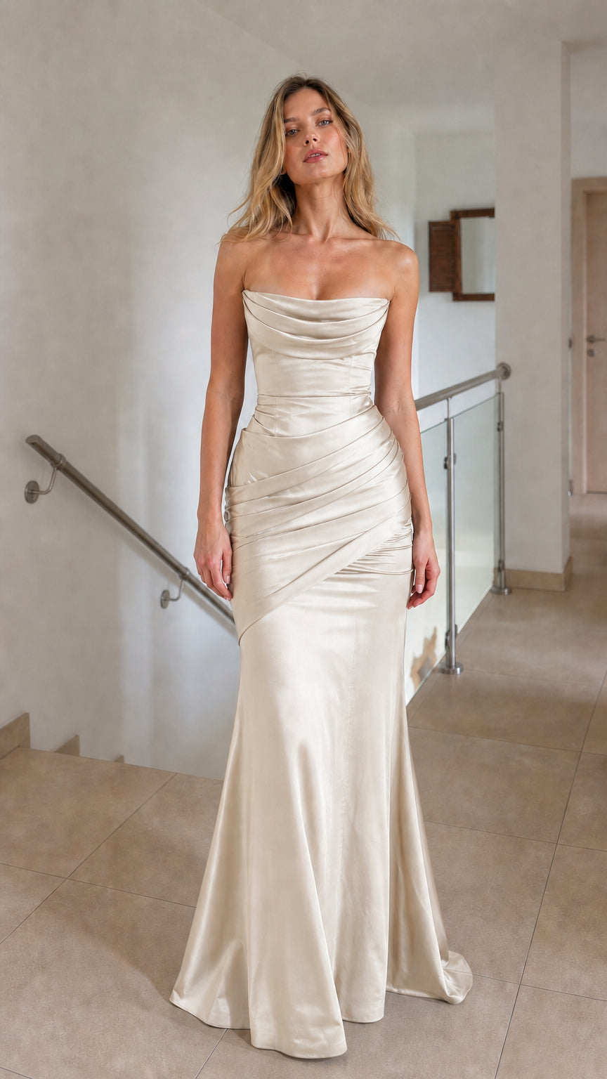 Model wearing champagne strapless satin evening dress