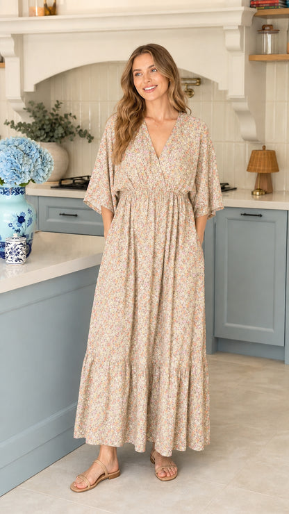Full front view of model wearing beige floral maxi dress