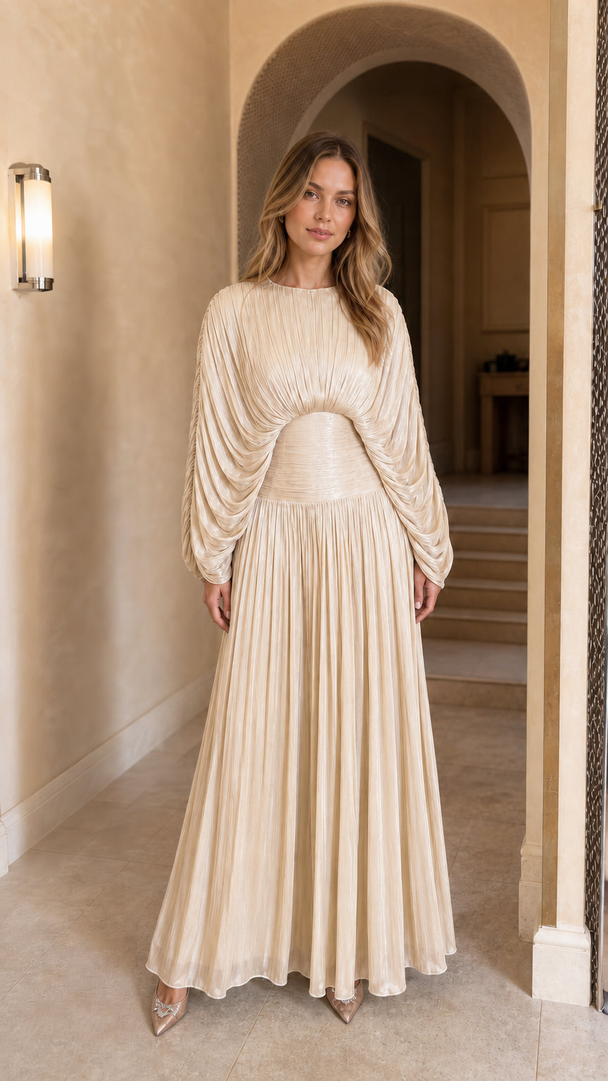 Front view of the champagne color variant maxi dress