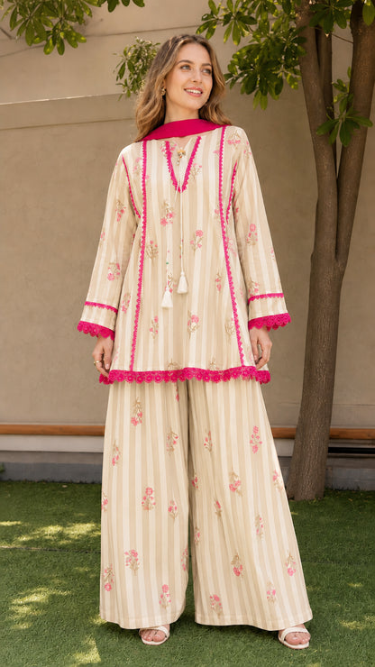 Woman wearing beige variant of striped floral kurti and palazzo set