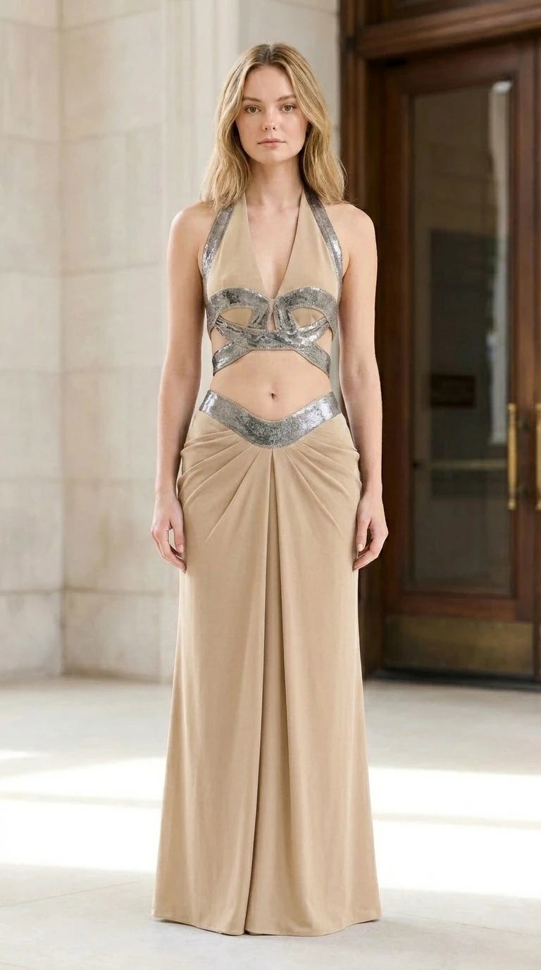 Model wearing khaki halter two-piece maxi dress