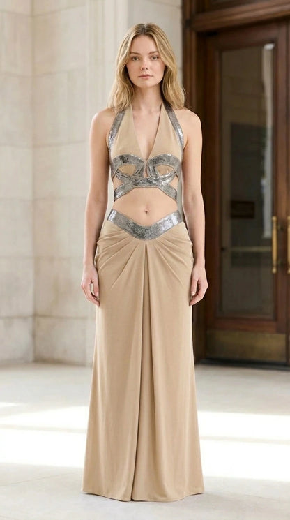 Model wearing khaki halter two-piece maxi dress